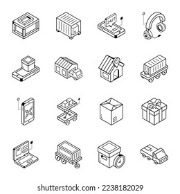 Pack of Cargo and Logistics Isometric Line Icons

