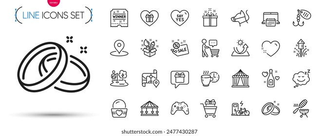 Paquete de Carruseles, Pensamiento del comprador y Anillos de boda iconos de línea. Incluye champán del amor, lugar de pesca, iconos del pictograma del calendario. Gamepad, Pin, Señales de creatividad. Carro de compras. Vector