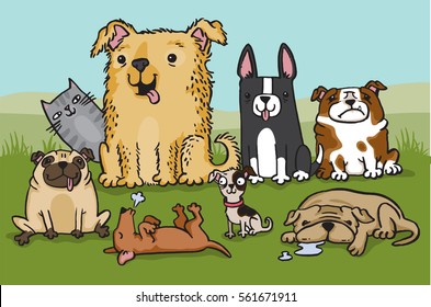 A pack of cartoon dogs with a cat hiding in the background. Vector illustration.

