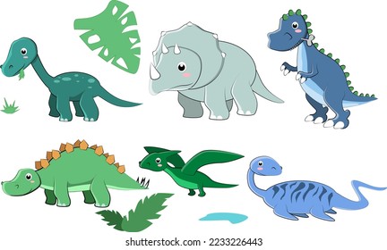Pack of cartoon dysnosaurs in delicate colors