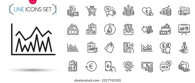 Pack of Cash back, Growth chart and Replacement line icons. Include Investment graph, Presentation, Discounts offer pictogram icons. Volunteer, Coins banknote, Checklist signs. Bribe. Vector