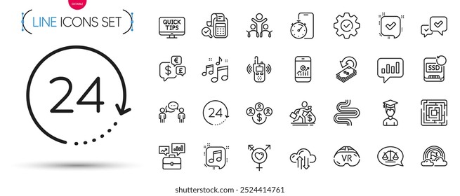 Pack de iconos de línea de estadísticas de Cashback, Géneros y Smartphone. Incluir Lgbt, Música, Ejecutar iconos de pictogramas. Salario, tutoriales de Web, señales de transmisor. Negocio de consultoría. Vector