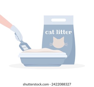 Un paquete de relleno de camada de gato y una mano engullida con una pala limpiando una bandeja de inodoro de gato aislada en fondo blanco, vector ilustración plana