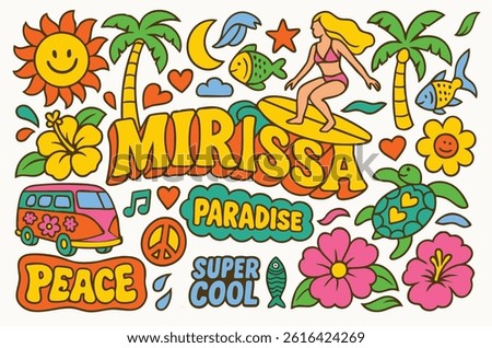 A tropical‑paradise pack celebrating Mirissa: a surfer on a wave, palm trees, hibiscus blossoms, a floral van, peace signs, turtles and the slogan MIRISSA PARADISE.
