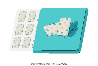 Pack of chewing gums with star pattern and leaf illustration on turquoise background flat vector illustration. Chewing gums are arranged in a blister pack