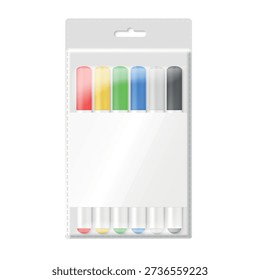 A pack of children s colored markers in a transparent bag on a white background for creativity and study