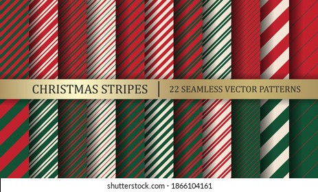 Pack of Christmas Candy Cane Stripes Vector Patterns. Set of Classic Winter Holiday Mint Candy Treat. Collection of Red Green White Striped Backgrounds. Variable Thickness Diagonal Lines