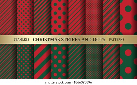 Pack of Christmas candy cane stripes and dots vector patterns. Set of classic winter holiday mint candy treat. Collection of red green white striped backgrounds. Different size polka dots