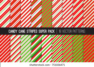 Pack of Christmas Candy Cane Stripes Vector Patterns. Classic Winter Holiday Mint Candy Treat. Red Green White Striped Backgrounds. Variable Thickness Diagonal Lines. Pattern Tile Swatches Included.