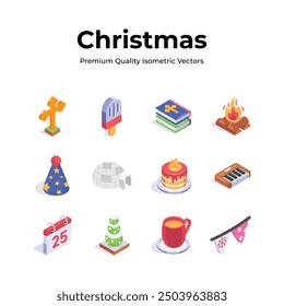 Pack of christmas isometric icons in trendy design style