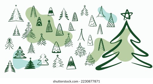 pack of christmas tree elements design in doodle style 