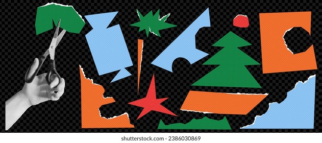 A pack of Christmas-themed paper cut-out elements. Hand in halftone effect with scissors. New Year handmade. Trendy vector illustration on transparent background as png