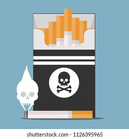 Pack of cigarettes with black skull and Burning cigarette with a smoke formed skull dead. Stock flat vector illustration.