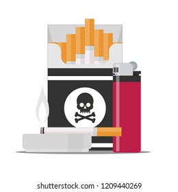 Pack of cigarettes with black skull and Burning cigarette with a smoke formed skull dead. Stock flat vector illustration.