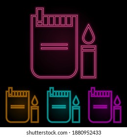 a pack of cigarettes with a cigarette lighter color neon set. Simple thin line, outline vector of web icons for ui and ux, website or mobile application