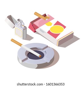 Pack of cigarettes, gas lighter and ashtray. Vector isometric set of open paper package with tobacco products and one burning cigarette with filter on ceramic ashtray isolated on white background