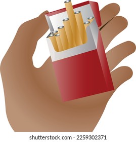 Paquete de cigarrillos en mano. Fumar es perjudicial para la salud. Ilustración vectorial aislada en fondo blanco.