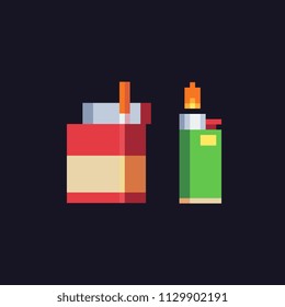 Pack of cigarettes and lighter pixel art icon. Isolated vector illustration. Design for stickers, logo, app, website.