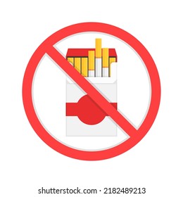 Pack of cigarettes under prohibition sign isolated on white background. Vector illustration.