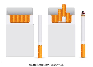 Pack of cigarettes, white blank box and cigarette. Vector Illustration isolated on white background.