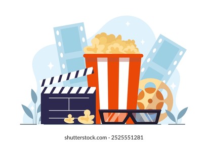 Pack for cinematography. 3D glasses, box of pop corn, clapperboard and reel tape. Cinema and movie, tv series. Entertainment and fun. Flat vector illustration isolated on white background