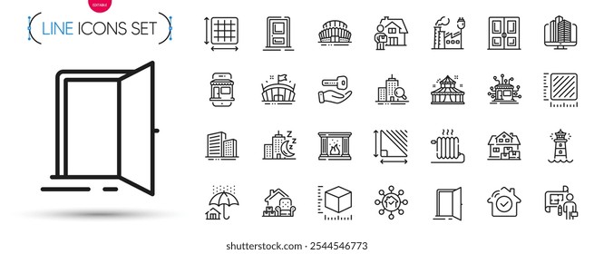 Pacote de Circo, Estádio Esportivo e Ícones da linha da porta aberta. Incluir ícones do pictograma Plano, Entrada, Radiador. Fábrica, área Triângulo, Sinais de farol. Segurança da casa, casa, casa, porta. Vetor