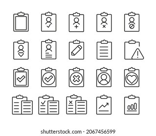Pack of clipboard line icons. Stroke pictograms or objects perfect for web, apps and UI. Set of 20 Clipboard outline signs. Premium set