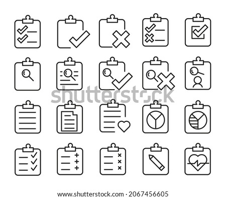 Pack of clipboard line icons. Stroke pictograms or objects perfect for web, apps and UI. Set of 20 Clipboard outline signs. Premium set