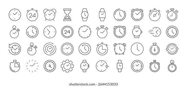 Pacote de Relógio, Relógio Inteligente, Relógio Despertador, Timer Relacionados Ícones de Linha. Outline Signs para Gráficos e Web Design, Apps, Anúncios, Vários Cartões 