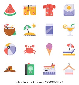 Pack of Clothing and Beach Accessories Flat Icons 