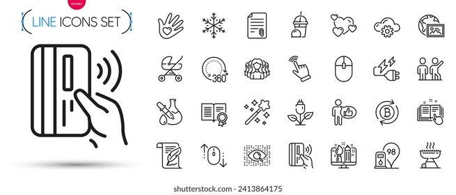 Pack of Cloud computing, Like and Cursor line icons. Include Web photo, Women group, Contactless payment pictogram icons. Teamwork, Attachment, 360 degrees signs. Feather. Vector