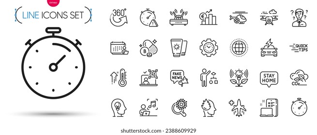 Pack of Co2 gas, Education and Stay home line icons. Include Sunscreen, Coronavirus research, Medical flight pictogram icons. Euro rate, Fake news, Time management signs. Stress, Drone. Vector