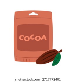 Un paquete de cacao en polvo. Ilustración vectorial de cacao en envases de papel. Paquete de producto de chocolate cacao orgánico
