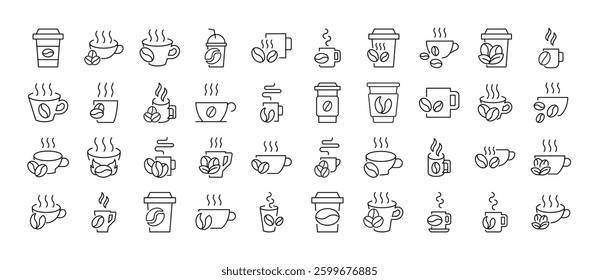 Pack of Coffee Beans with Mug Related Line Icons. Outline Signs for Graphic and Web Design, Apps, Adverts, Various Cards