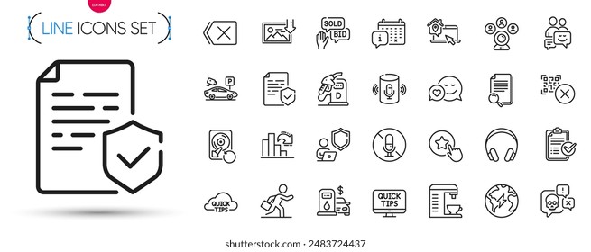 Pack of Coffee machine, Bid offer and Certificate line icons. Include Survey checklist, Shield, Filling station pictogram icons. Remove, Web tutorials, Electricity signs. Download photo. Vector