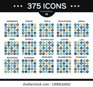 Pack of collection vector icons: commerce, sales, shopping, money, travel, tools, buildings, web, technology and more.