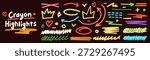 Pack with color crayon scribble highlights on dark background. Color crown, arrows, hearts and lines.