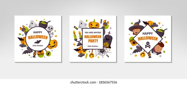 Pack of colorful cute Halloween designs for kid’s party invitation. Space for text. Vector illustration