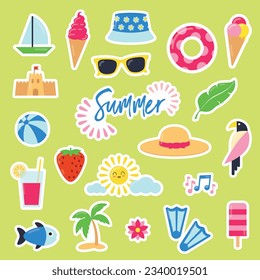 Pack of colorful and cute summer themed stickers for kids. Vector illustrations of beach, ice cream, sea, sun, parrot, cocktail...