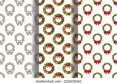 Pack of colorful seamless vector patterns of Christmas wreath 