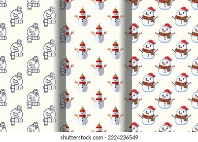 Pack of colorful seamless vector patterns of snowman