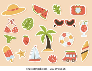 Pack of colorful and  summer themed stickers. Vector illustrations of ice cream, palm tree, sail, watermelon.
