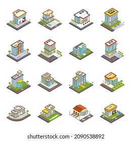 Pack of Commercial Buildings Isometric Icons 