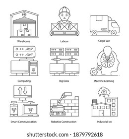
Pack of Communication and Cargo Flat Outline Icons 