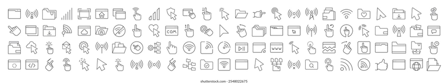 Pacote de ícones de linha relacionados à área de trabalho de computador. Traço editável para design, sites, aplicativos e cartões. Contém imagens lineares do cursor, ondas Wi-Fi, pastas, páginas da Web