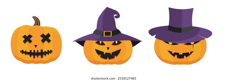 El paquete contiene 3 Vectores de espeluznantes calabazas de Halloween con expresiones aterradoras, con tallas de cara de calabaza afiladas y malvadas. Calabaza con un sombrero de bruja malvado. Vector de ilustración de dibujos animados.