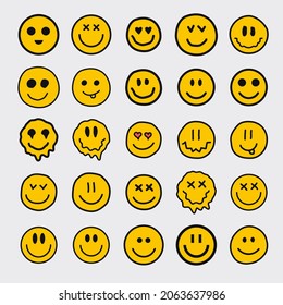 Pack of Cool Trendy Smile Icons. Hand Drawn Emoticon Happy Stickers, Patches and Pins Collection.
