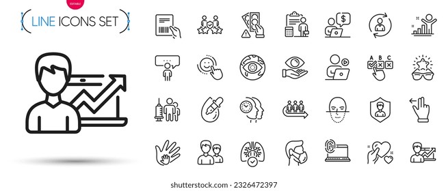 Pack of Correct checkbox, Smile and Couple line icons. Include Best glasses, Accounting, Computer fingerprint pictogram icons. Security agency, Face recognition, Video conference signs. Vector