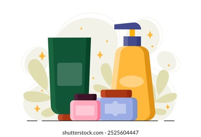 Pack of cosmetic bottles. Natural and organic cosmetic products. Creams and lotions. Soap, shampoo and oil. Skincare cosmetics. Flat vector illustration isolated on white background