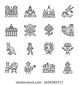 Pack of Country Landmarks and Traditions Line Icons 

